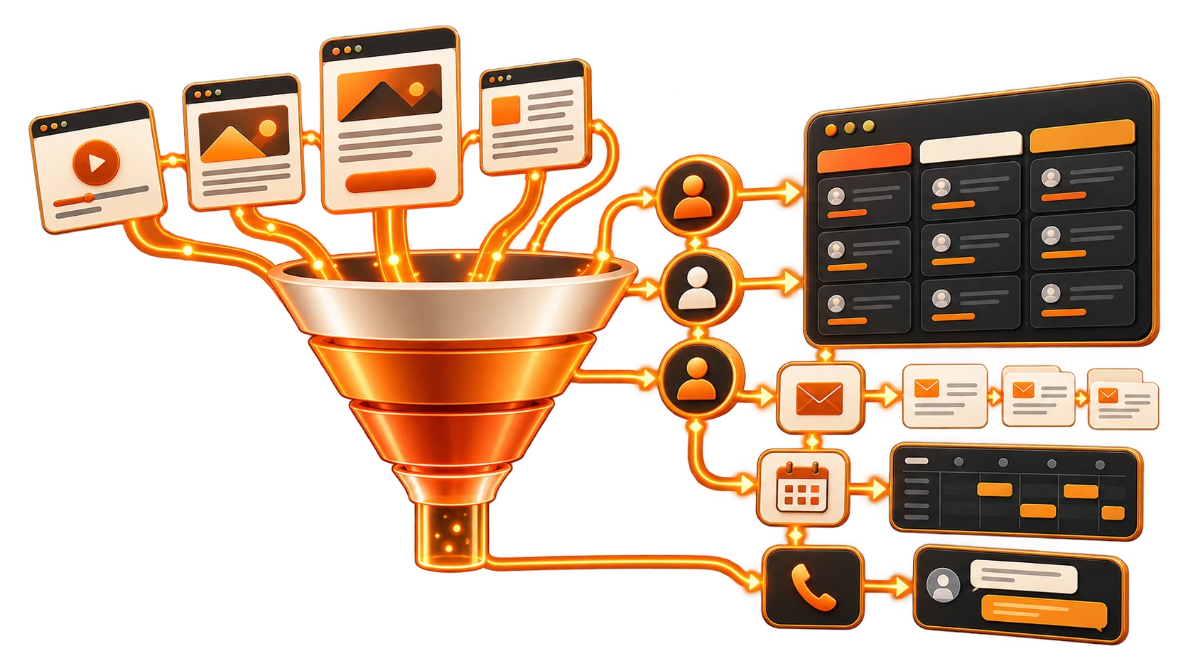 Connected acquisition funnel, CRM and follow-up system
