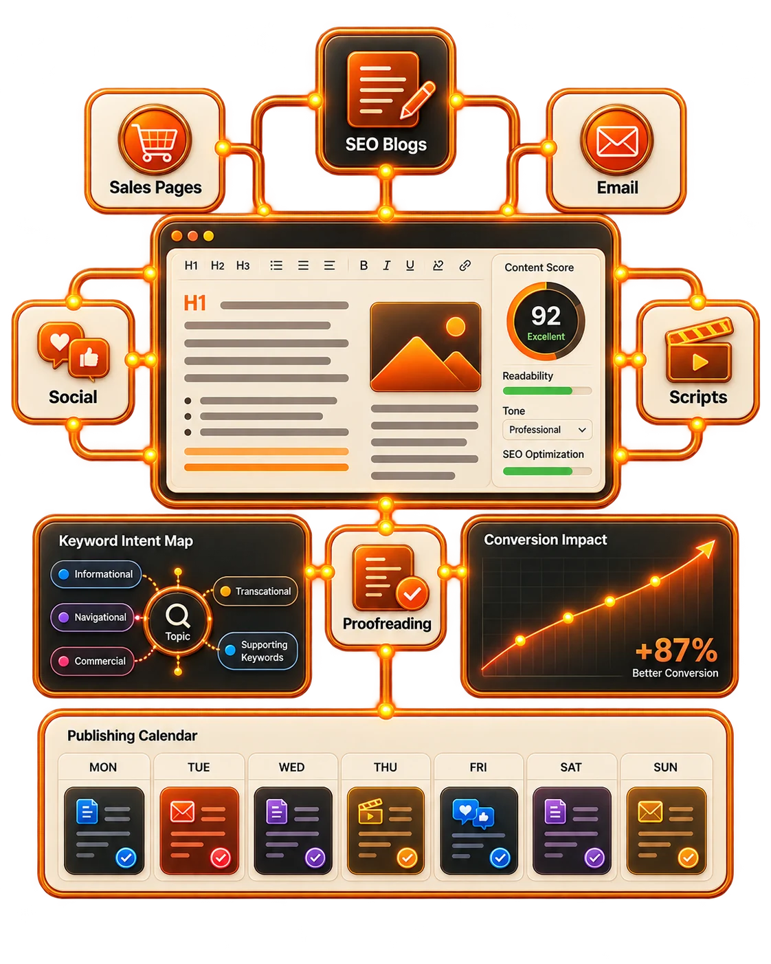 Content writing dashboard covering SEO articles, sales pages, email, social, scripts, proofreading, buyer intent, and conversion