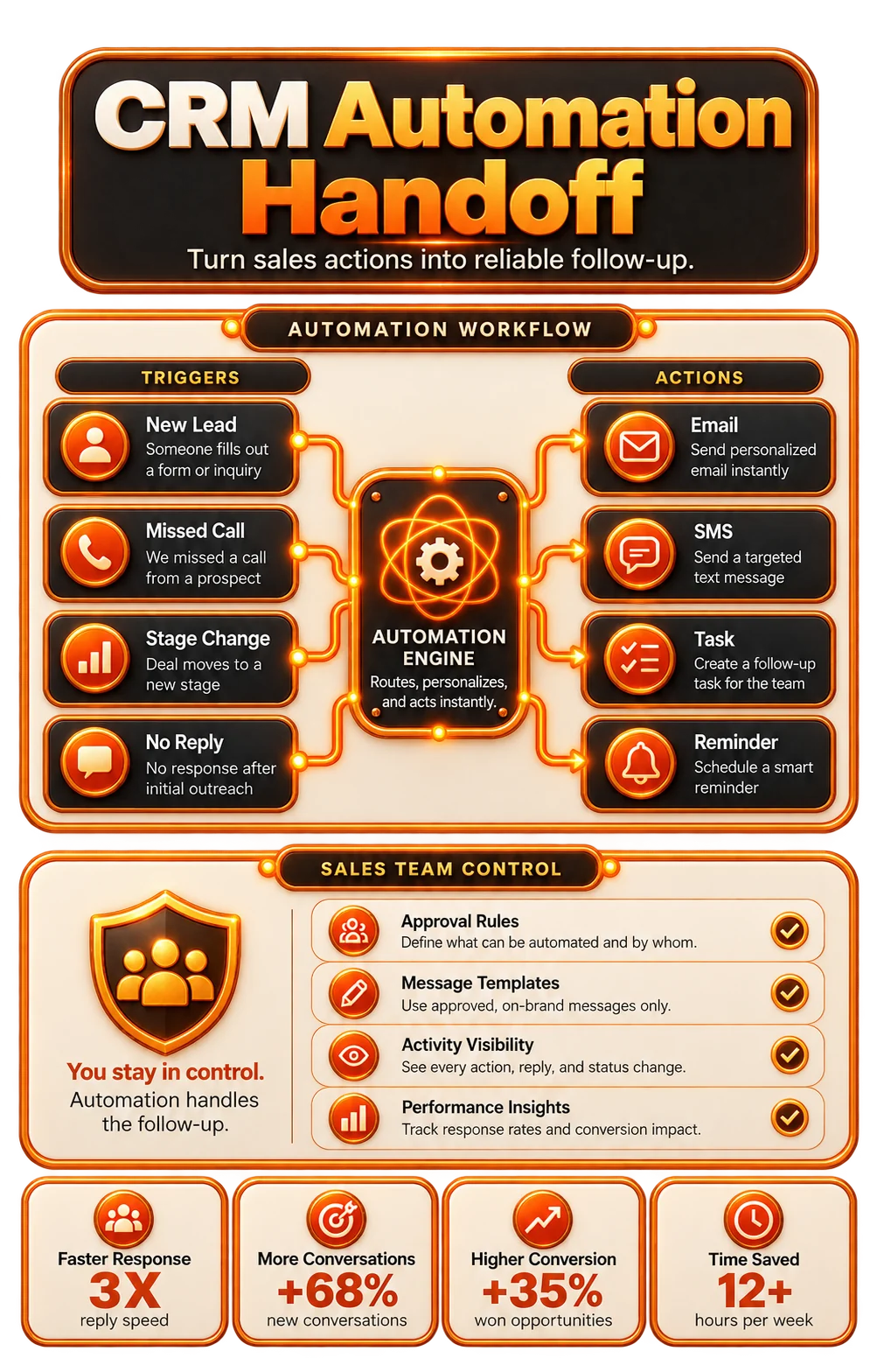 CRM automation connecting follow-up actions, tasks, reminders, and deal progression