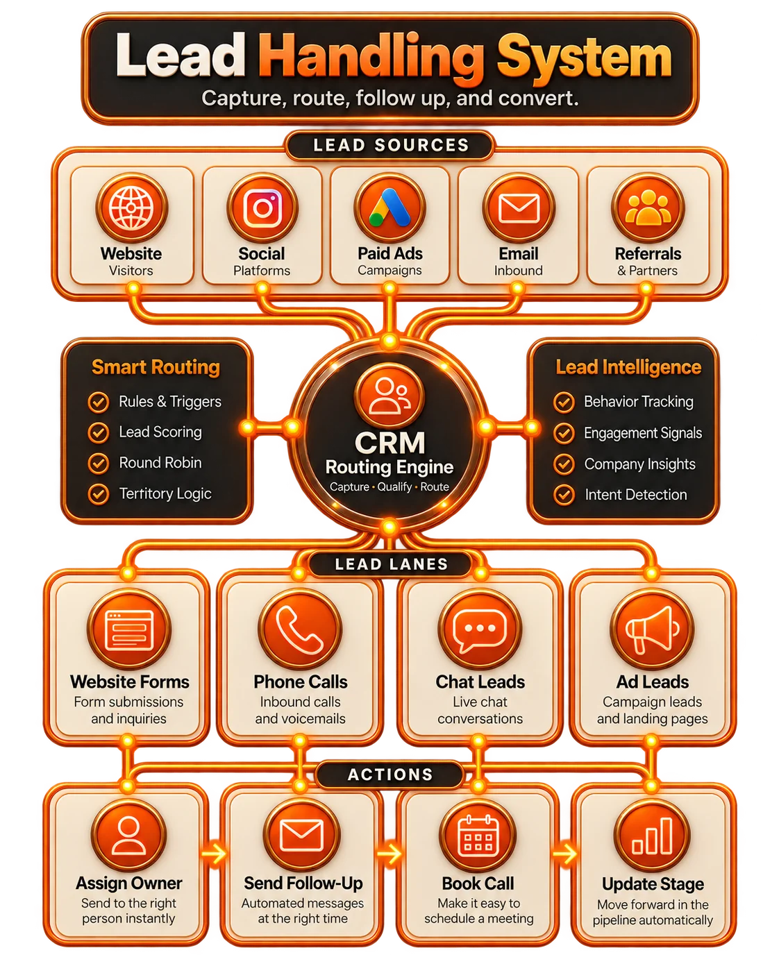 Lead sources routed into CRM pipeline stages and follow-up actions