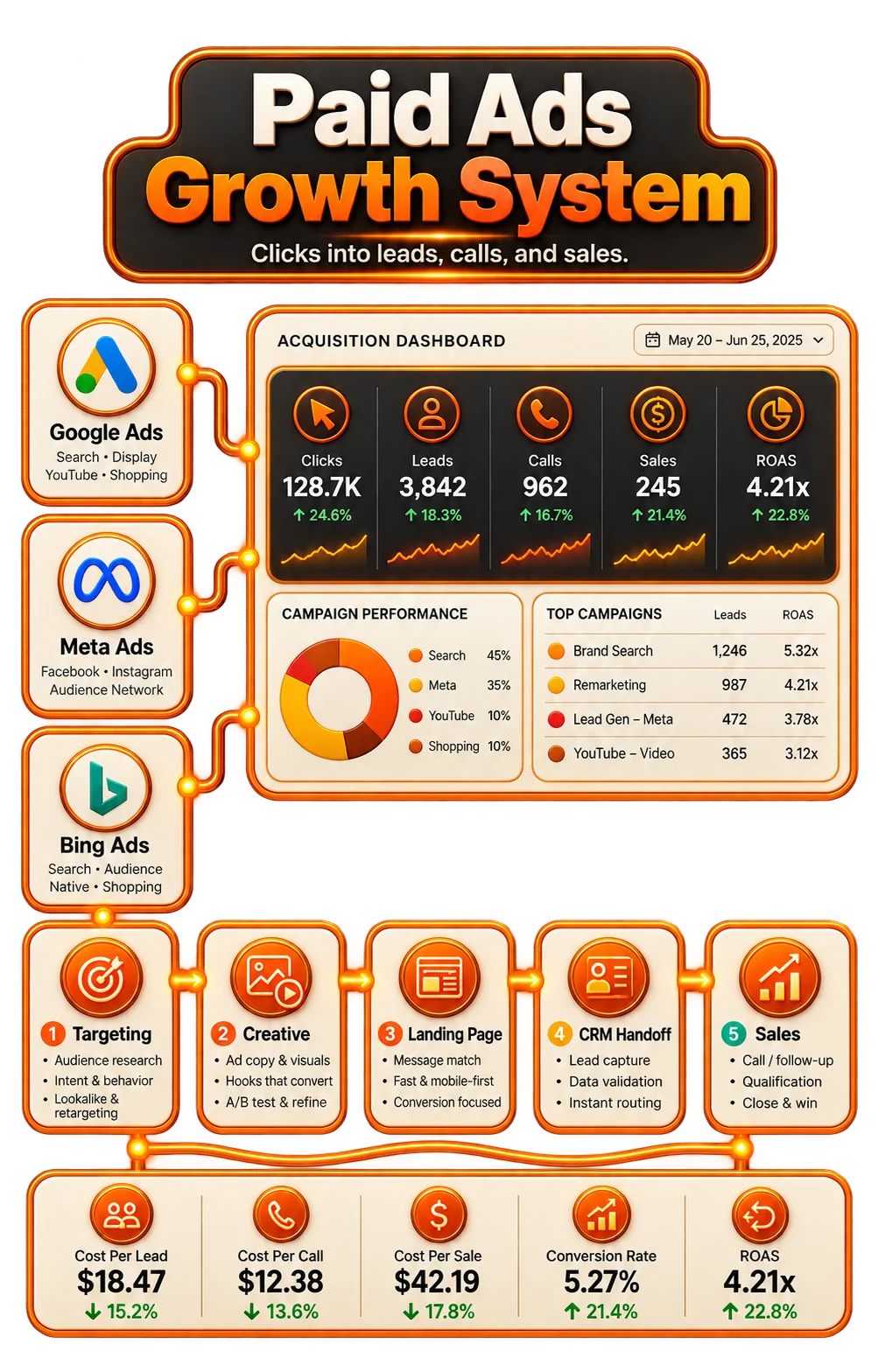 Advertising channels linked to landing pages, lead capture, and sales
