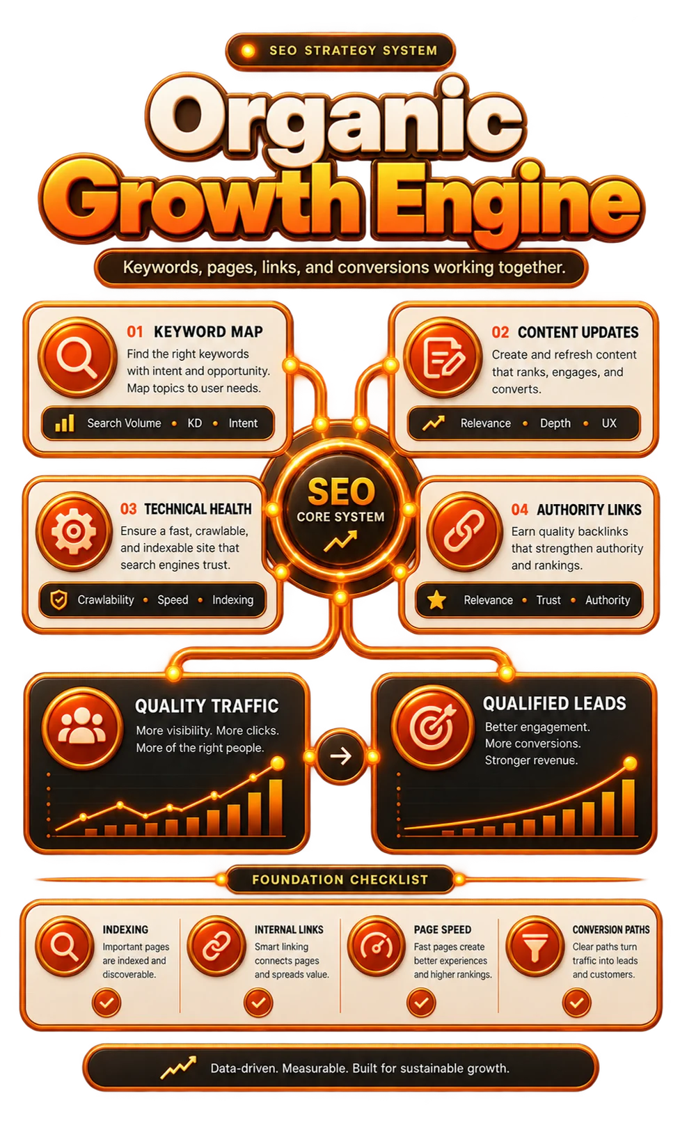 Connected keywords, pages, links, and rankings within an SEO growth system