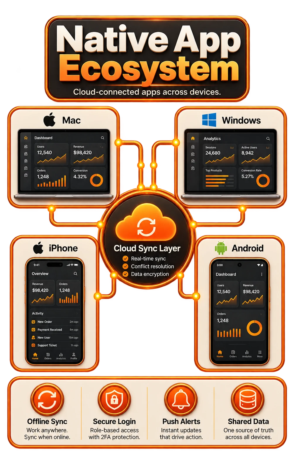 Desktop, laptop, mobile, and tablet applications synchronized with a shared cloud platform